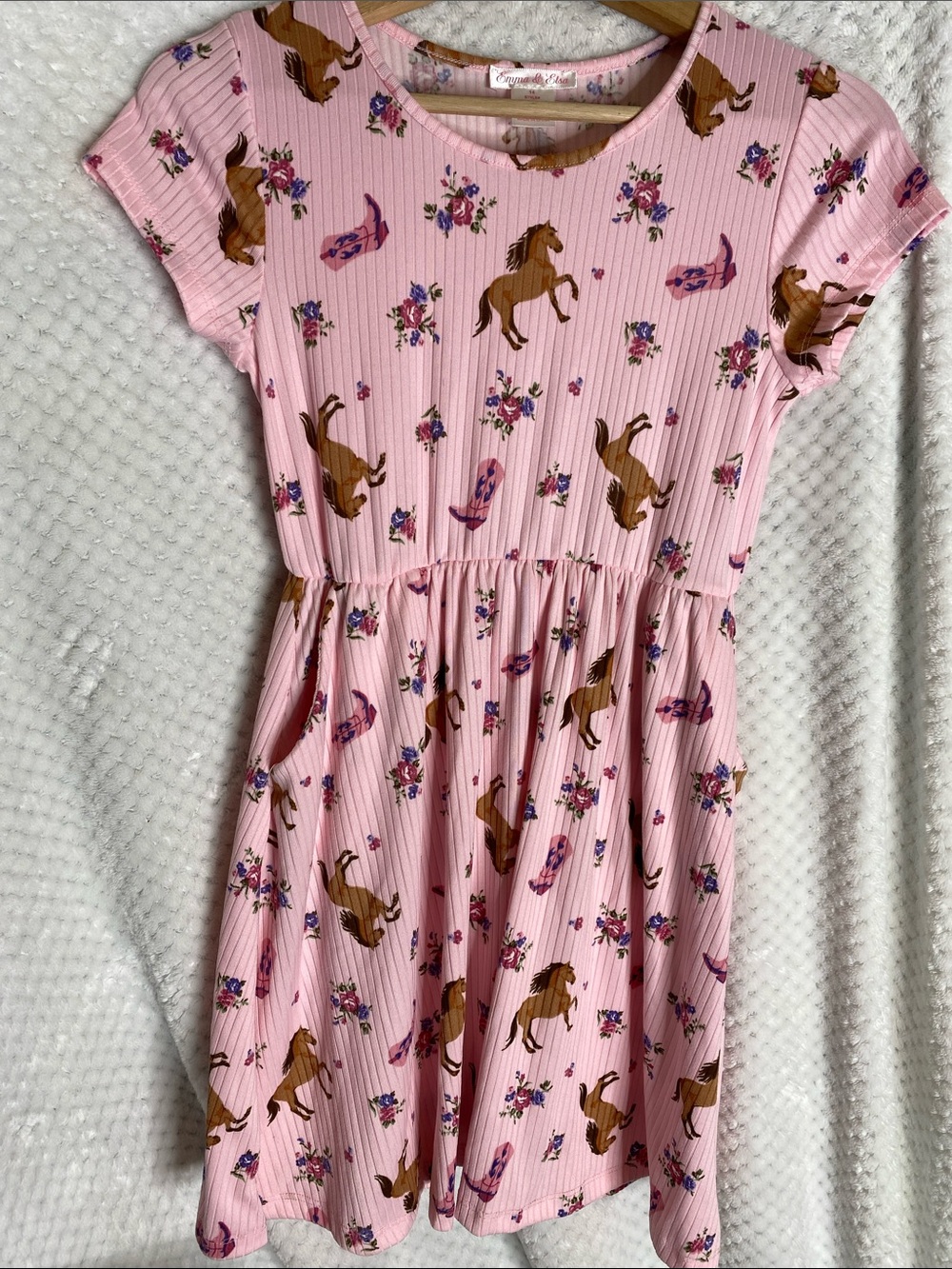 Emma & Elsa Pink Horses Print Short Sleeve Dress